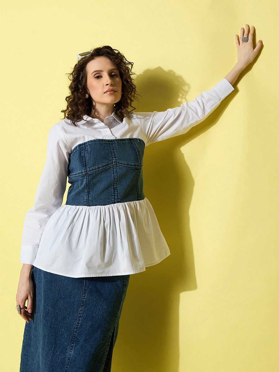 White Cotton Top with attached Denim Corset