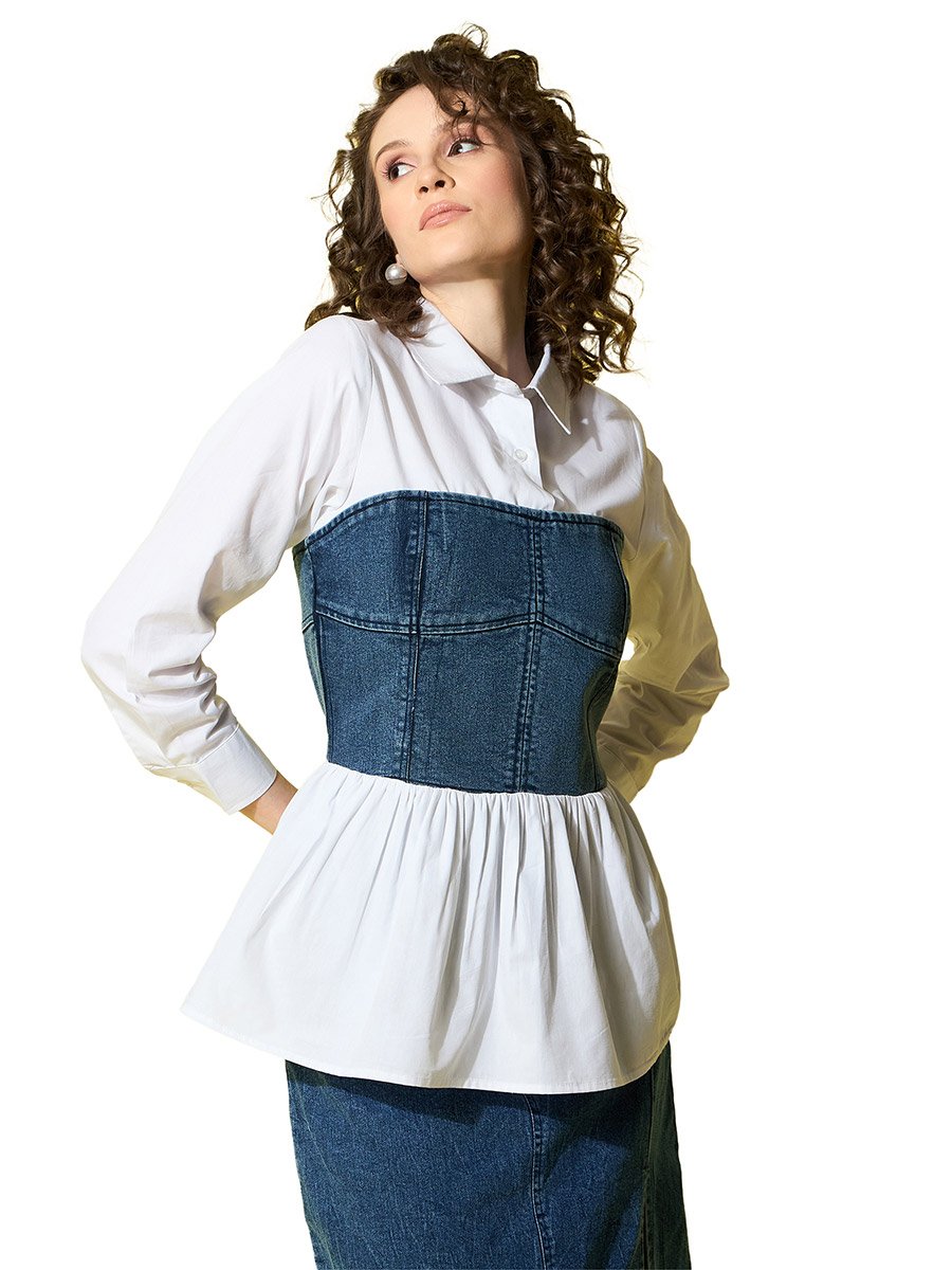 White Cotton Top with attached Denim Corset