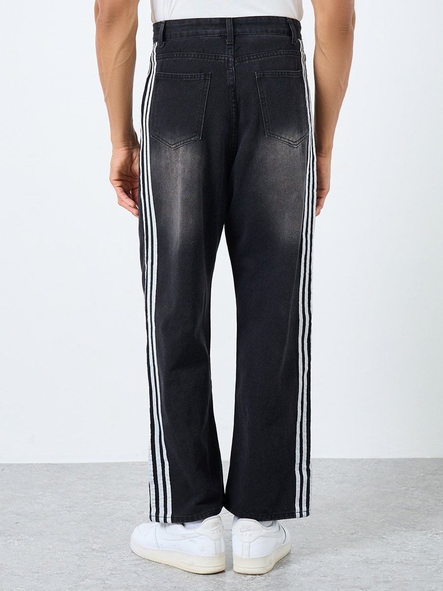 Mid Rise Loose Fit Jeans with Side Taping