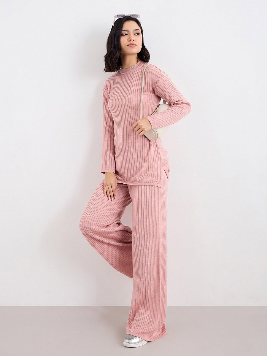 Women Textured Knit Top and Pants Winter Modest Set