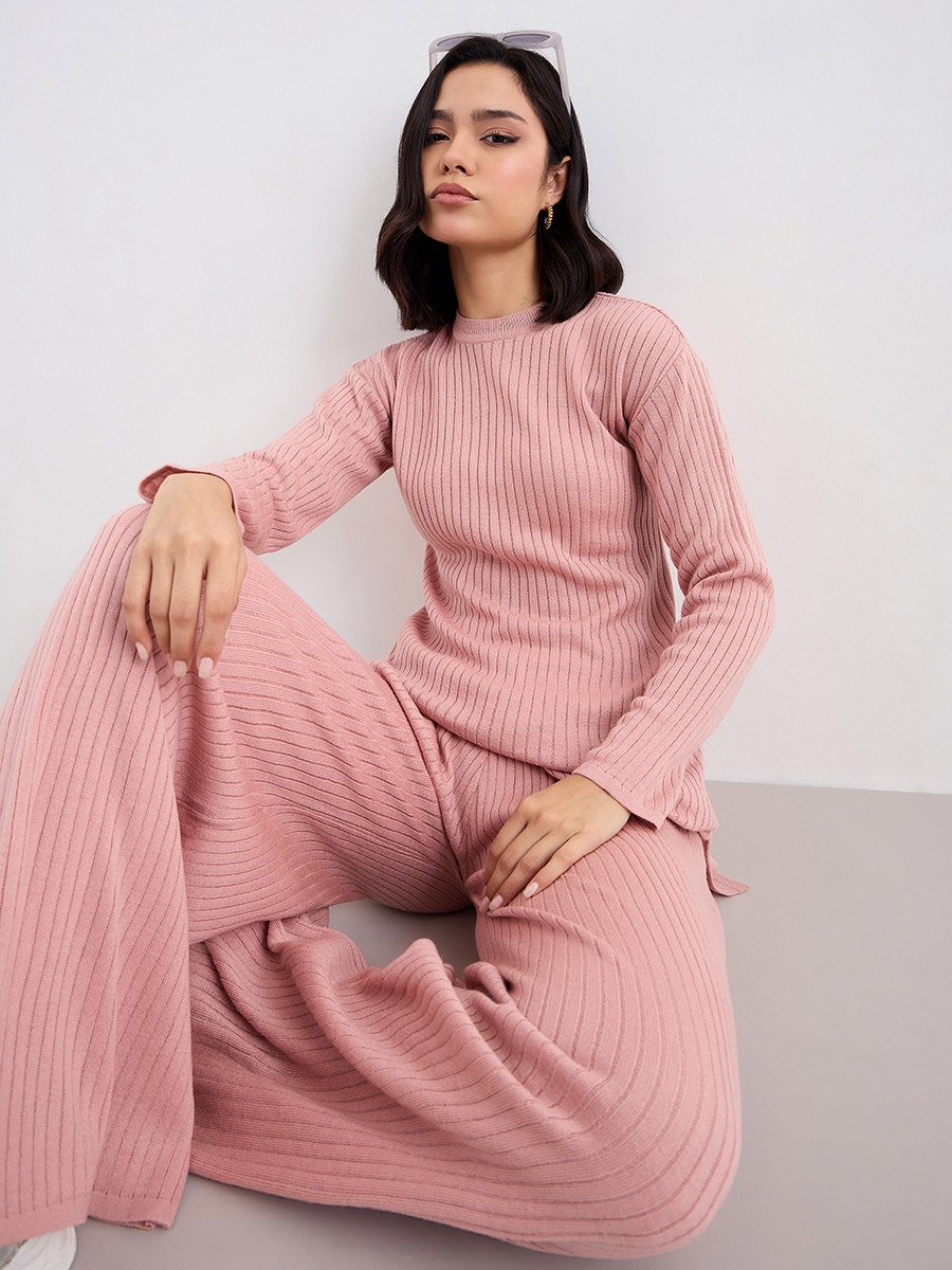 Women Textured Knit Top and Pants Winter Modest Set