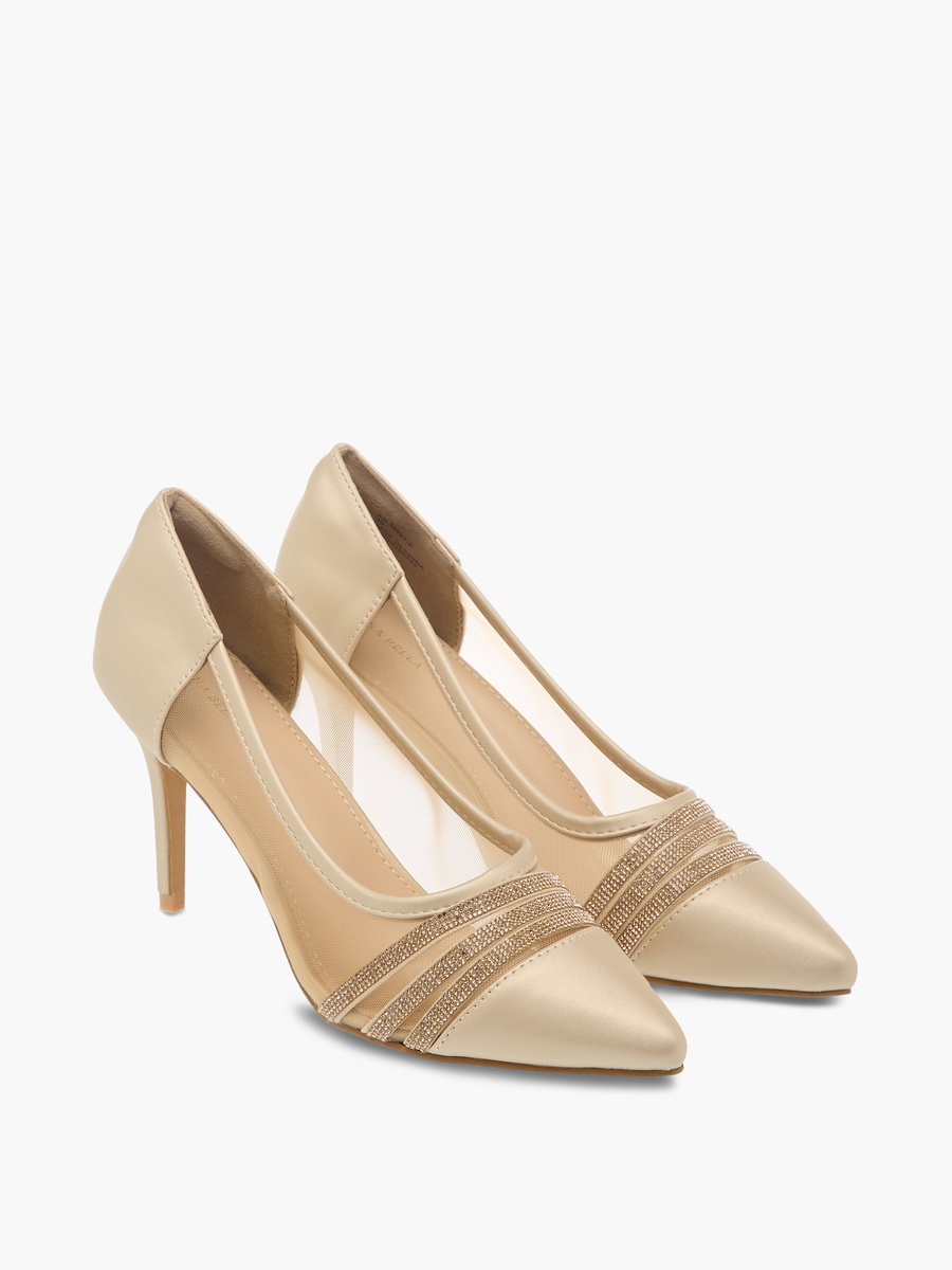 Women Metallic Stilettos with Rhinestones and Slip-On Closure