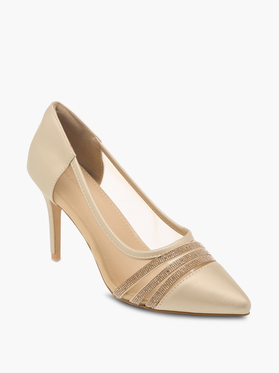 Women Metallic Stilettos with Rhinestones and Slip-On Closure