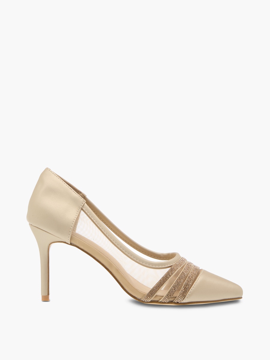Women Metallic Stilettos with Rhinestones and Slip-On Closure