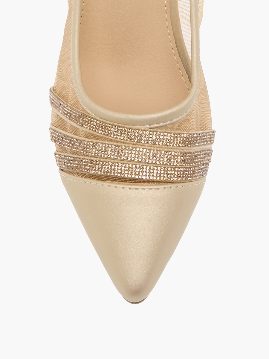 Women Metallic Stilettos with Rhinestones and Slip-On Closure