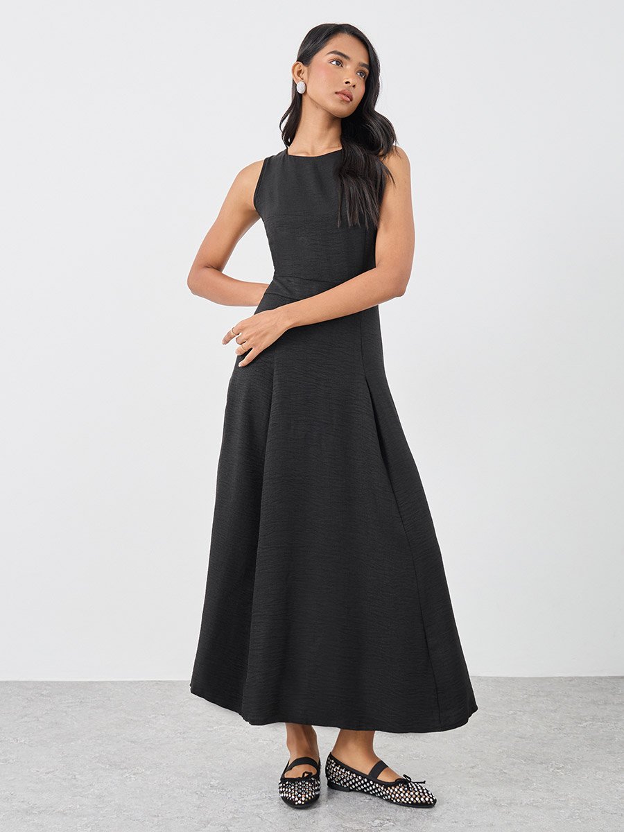 Solid Sleeveless Round Neck A-Line Midi Dress