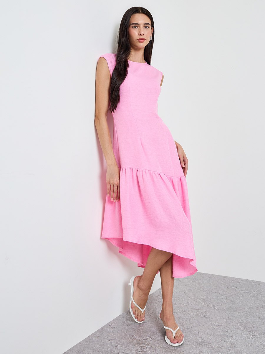 Pink Asymmetric Hem A-Line Midi Dress