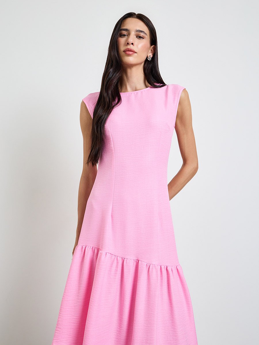 Pink Asymmetric Hem A-Line Midi Dress