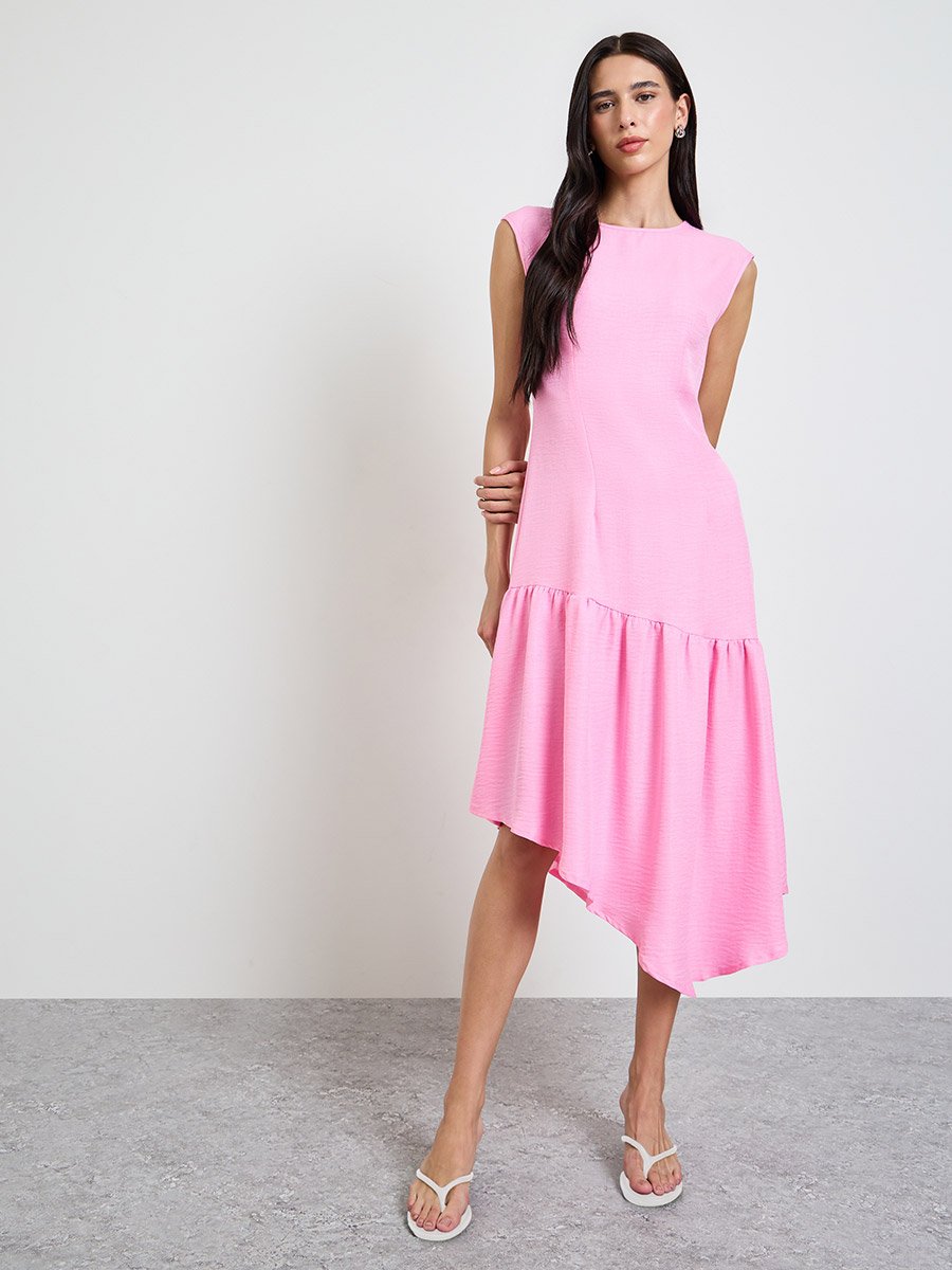Pink Asymmetric Hem A-Line Midi Dress