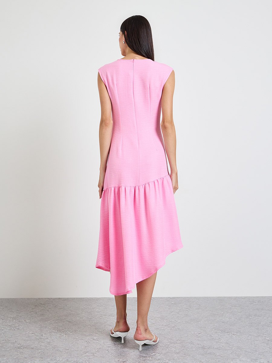 Pink Asymmetric Hem A-Line Midi Dress