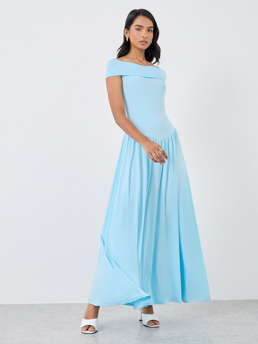 Solid Off Shoulder Gathered Detail Maxi Dress