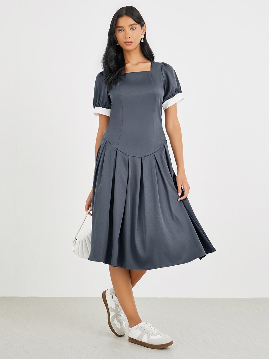 strapless open back dress Women's Short Sleeve Square Neck Floral Pleated Midi Dress