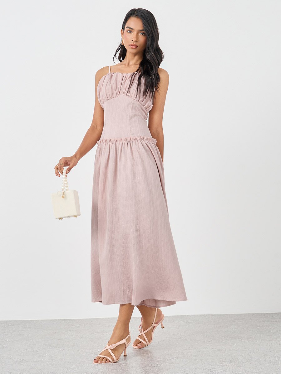 Textured Strappy A-Line Midi Dress with Ruffled Detail