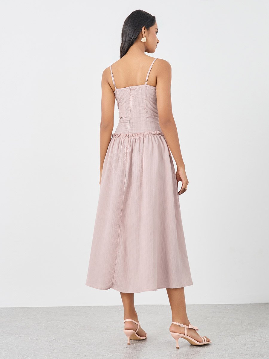 Textured Strappy A-Line Midi Dress with Ruffled Detail