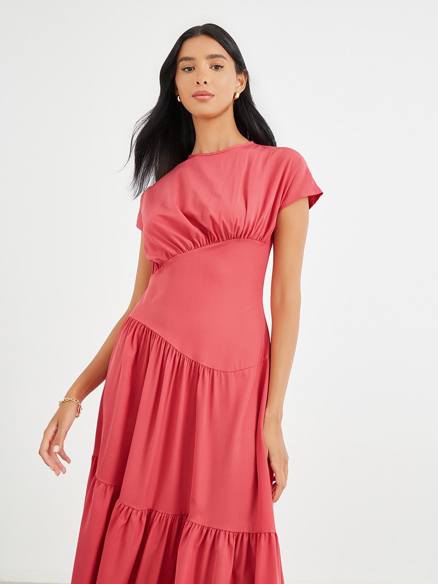 knee length dresses for ladies Asymmetric Gathered Skirt Midi Dress - Black