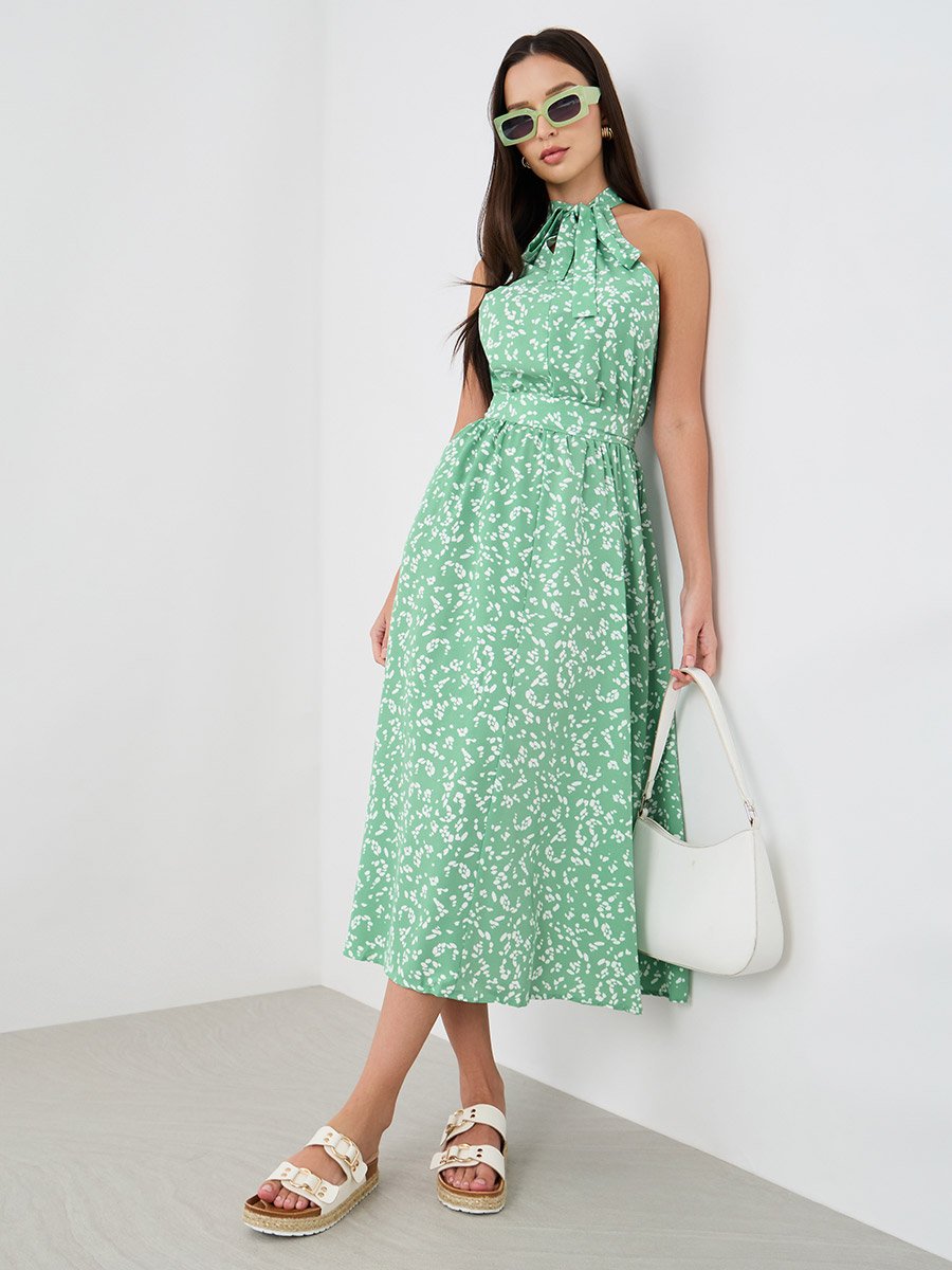 Printed Sleeveless Midi Dress with Tie-Up Neck