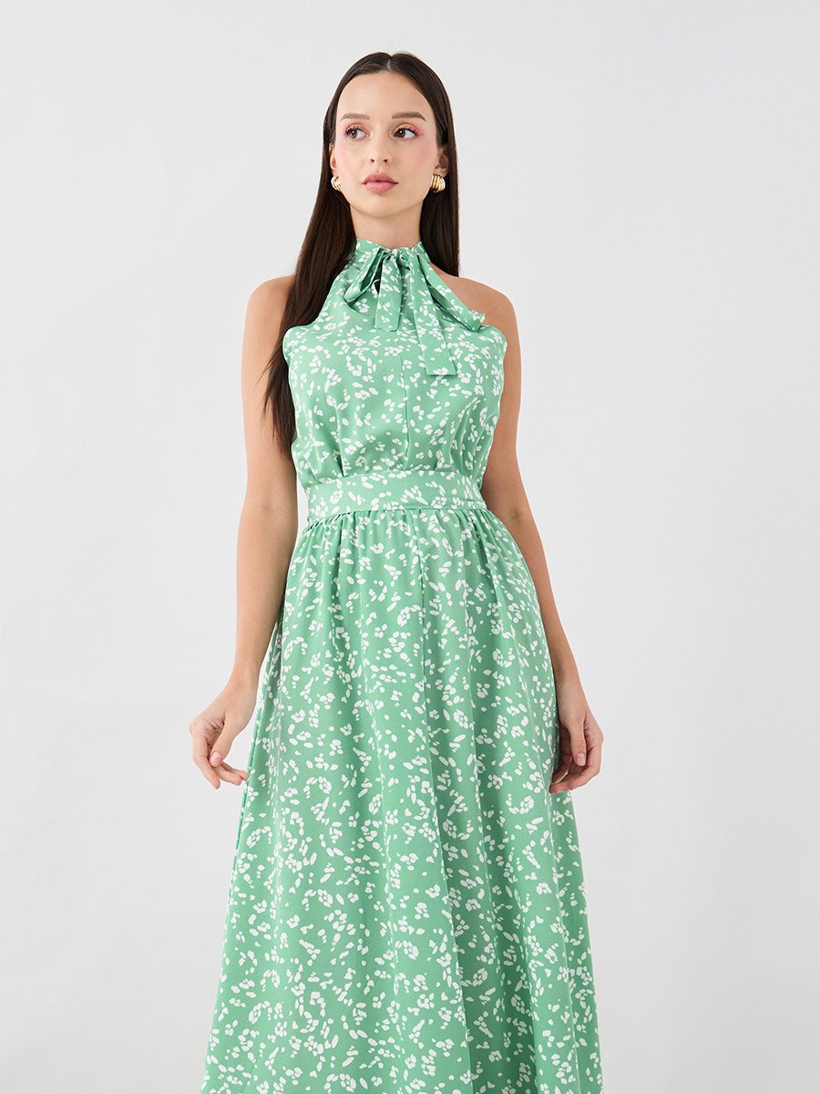 Printed Sleeveless Midi Dress with Tie-Up Neck