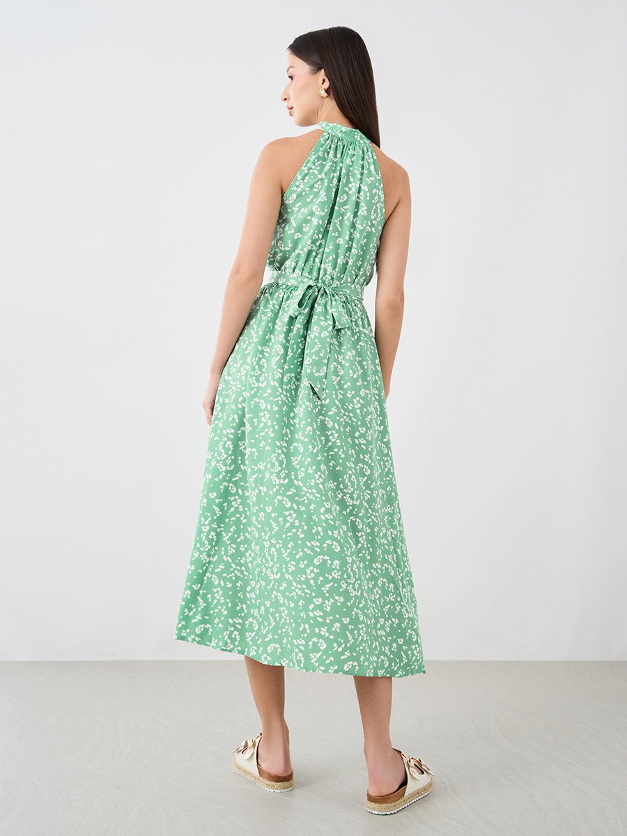 Printed Sleeveless Midi Dress with Tie-Up Neck