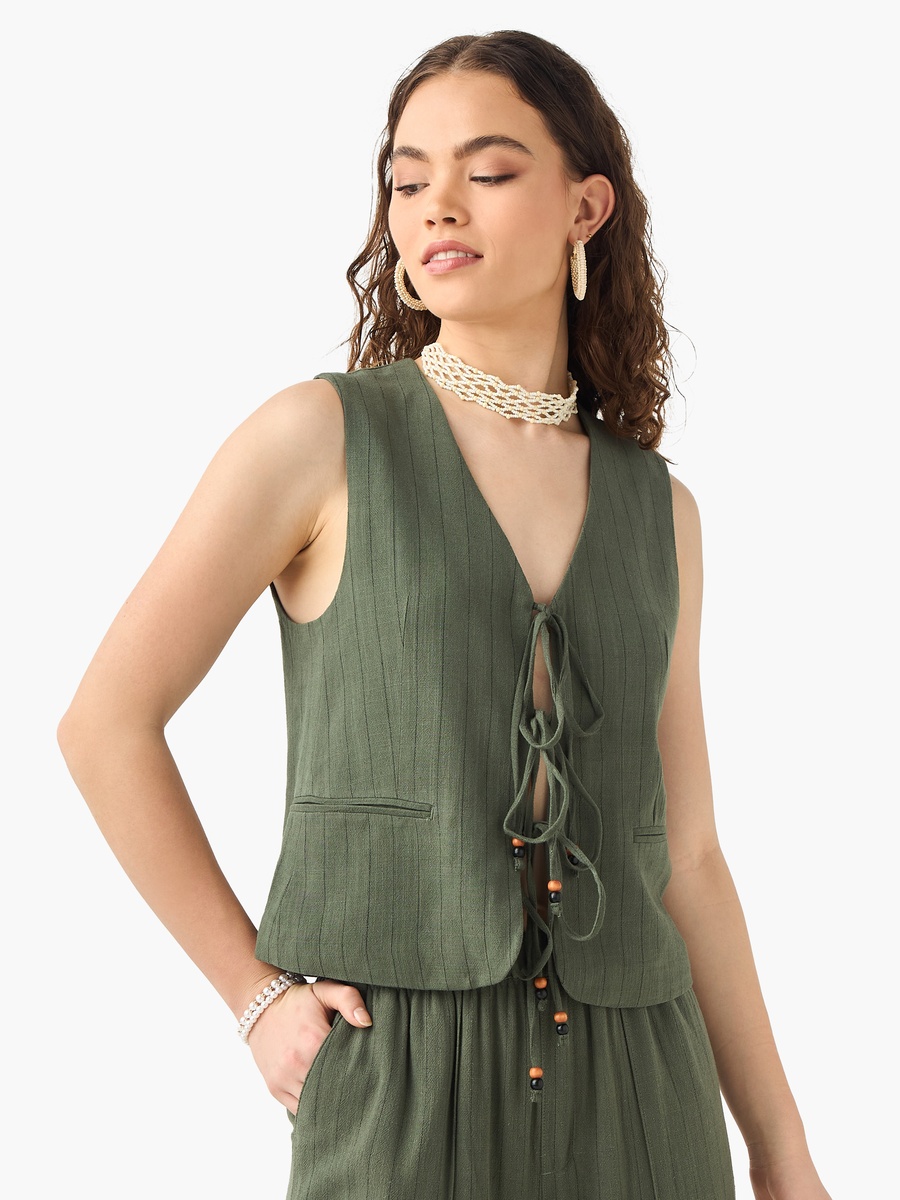 Striped Sleeveless Gilet with Tie-Up Detail