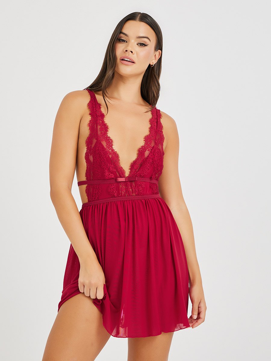 Solid Lace Trim Mesh Babydoll with Bow Detail