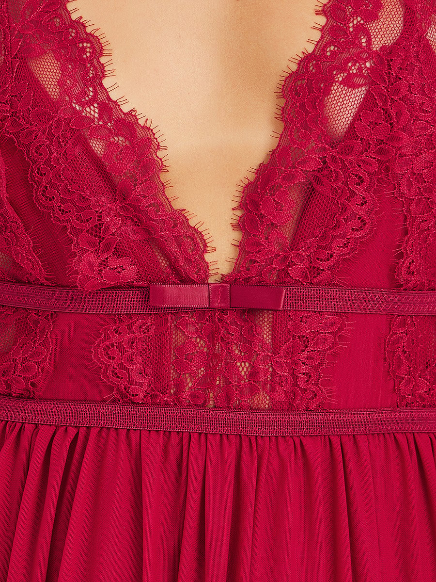 Solid Lace Trim Mesh Babydoll with Bow Detail
