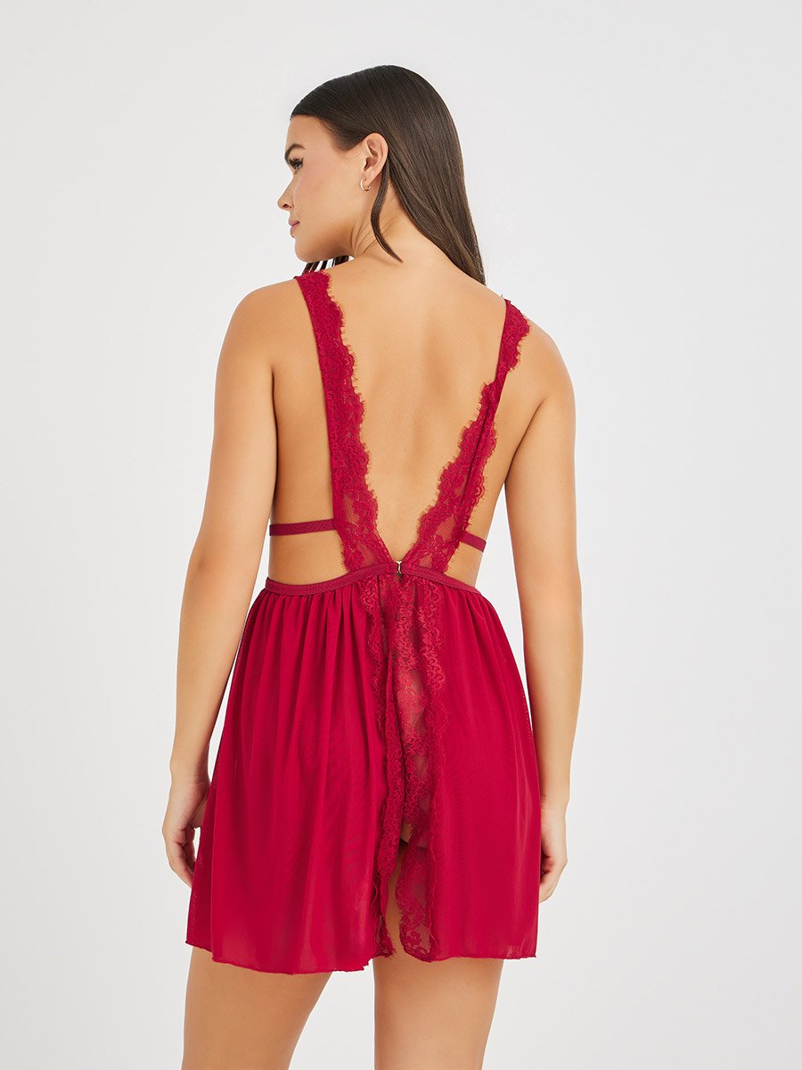 Solid Lace Trim Mesh Babydoll with Bow Detail