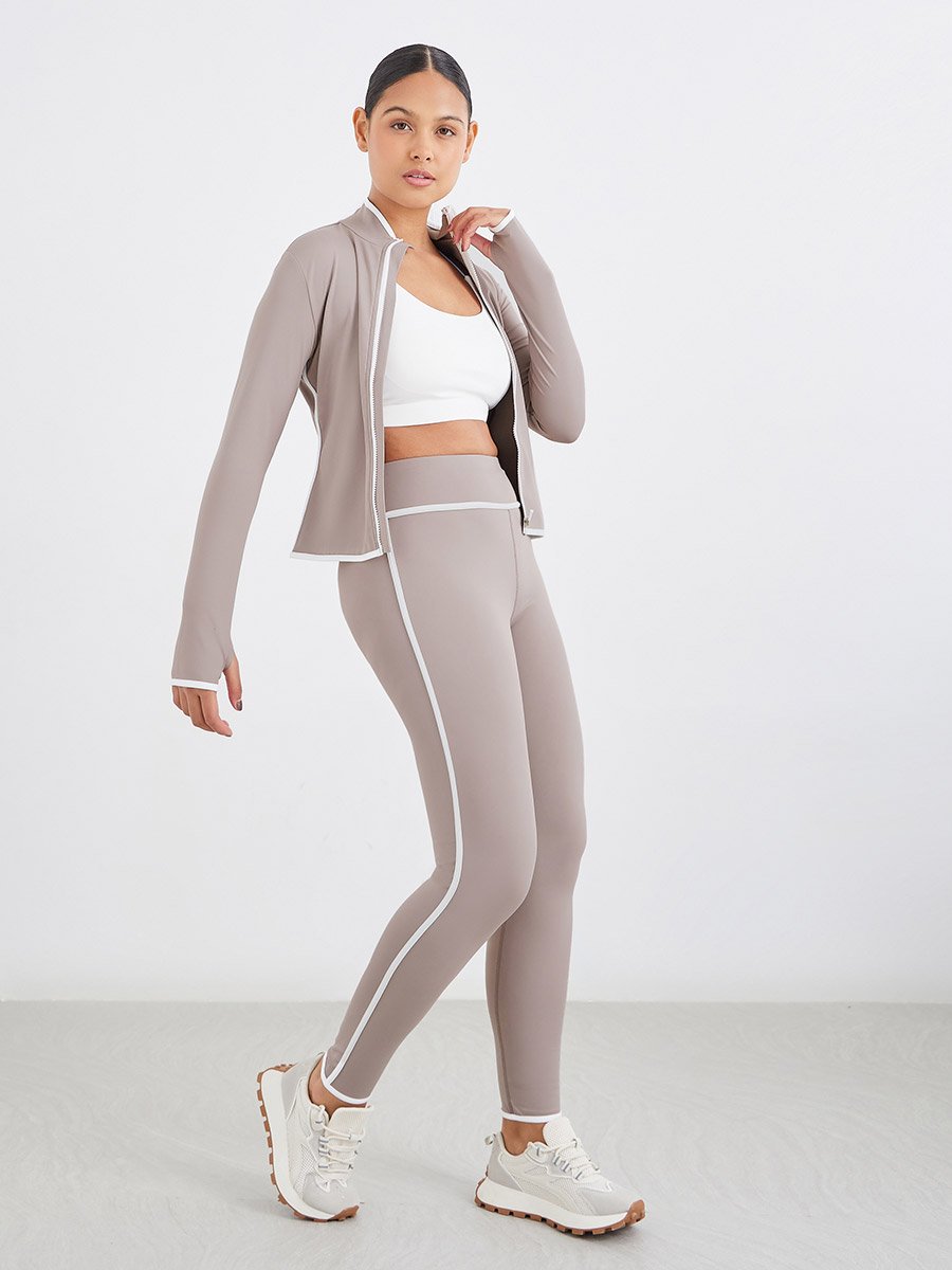 Contrast Piping Zip-Up Jacket and Leggings Set