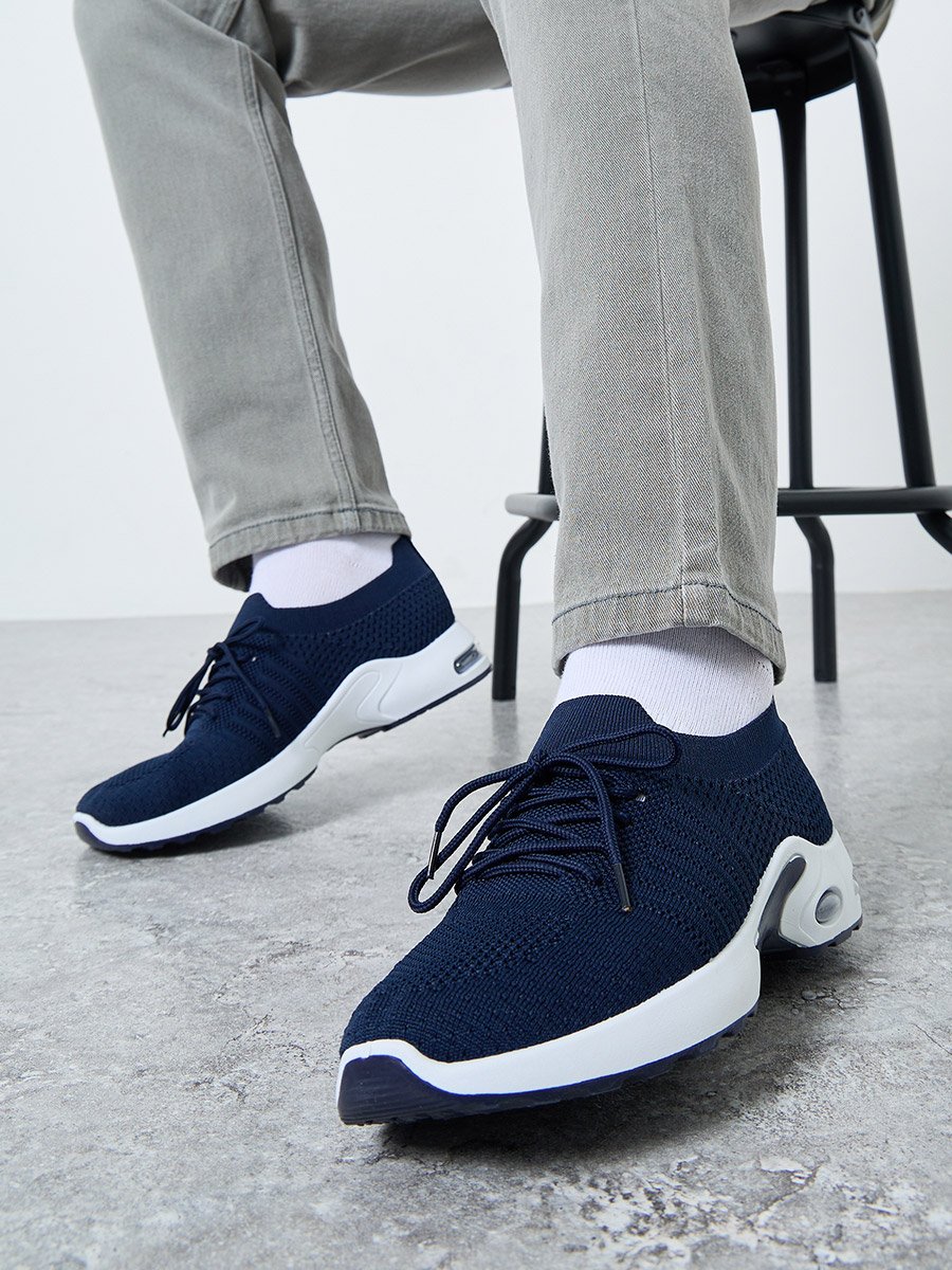 Men Navy Blue Elastic Lace Pull On Sneakers