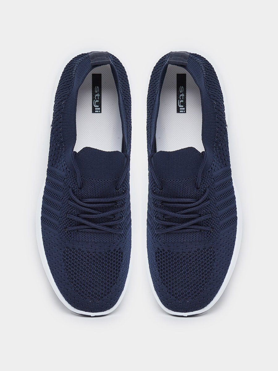 Men Navy Blue Elastic Lace Pull On Sneakers