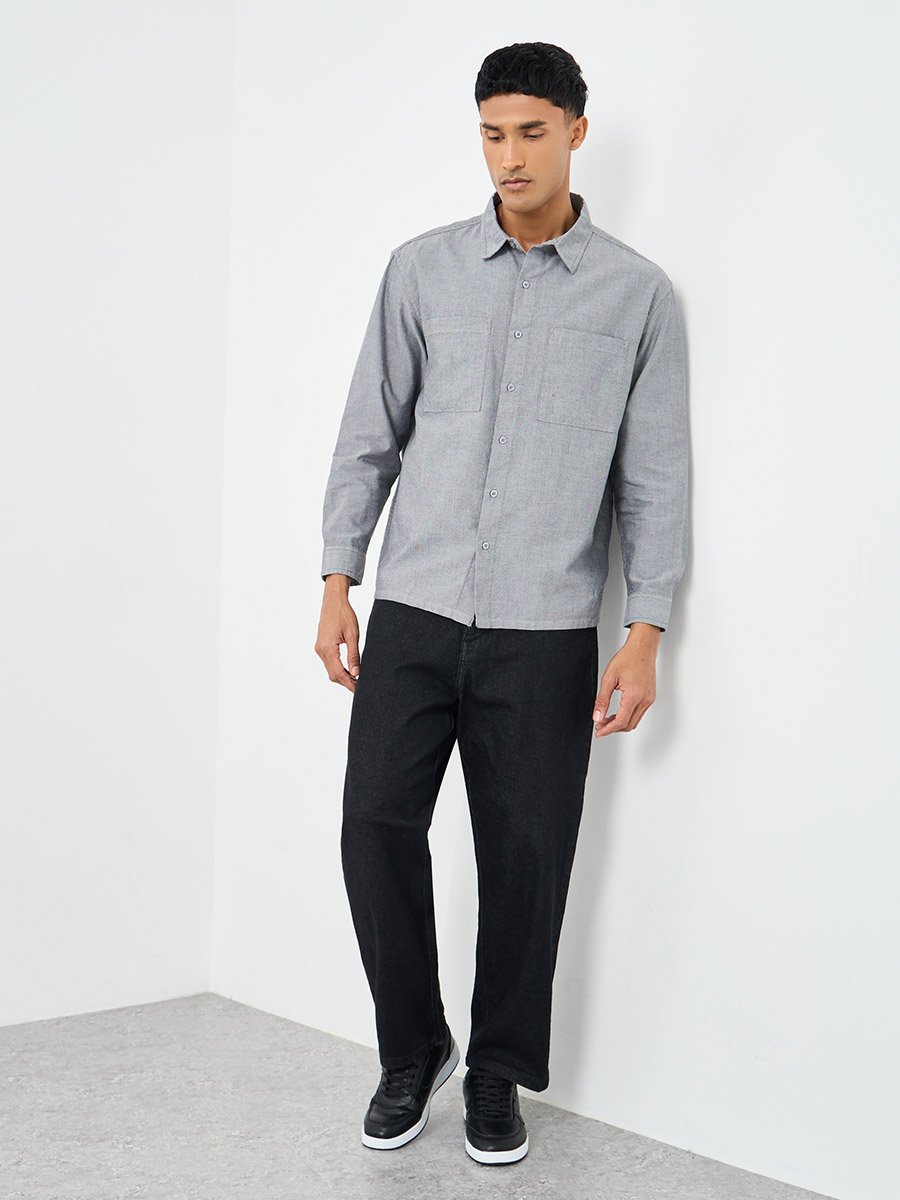 Grey Relaxed Fit Shirt with Double Pocket