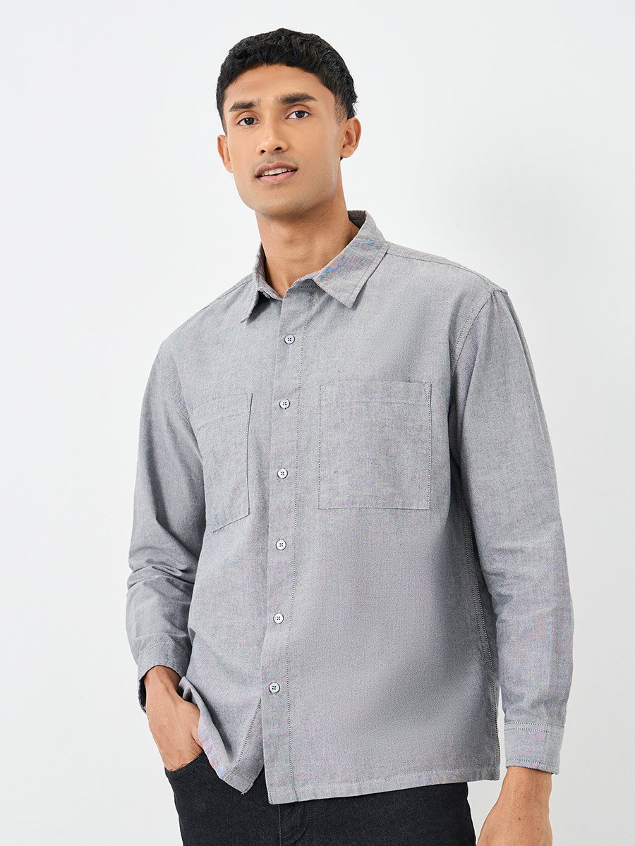 Grey Relaxed Fit Shirt with Double Pocket