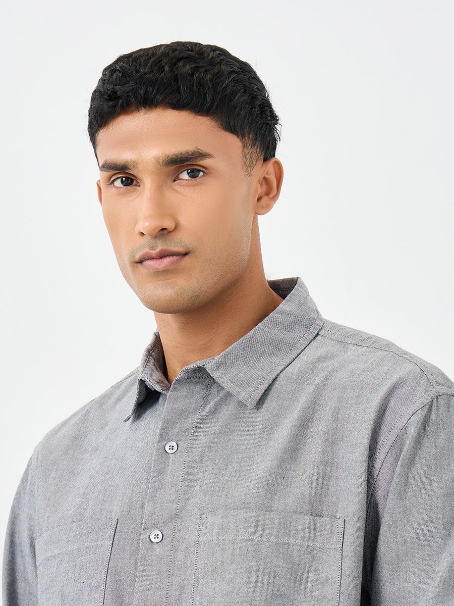 Grey Relaxed Fit Shirt with Double Pocket