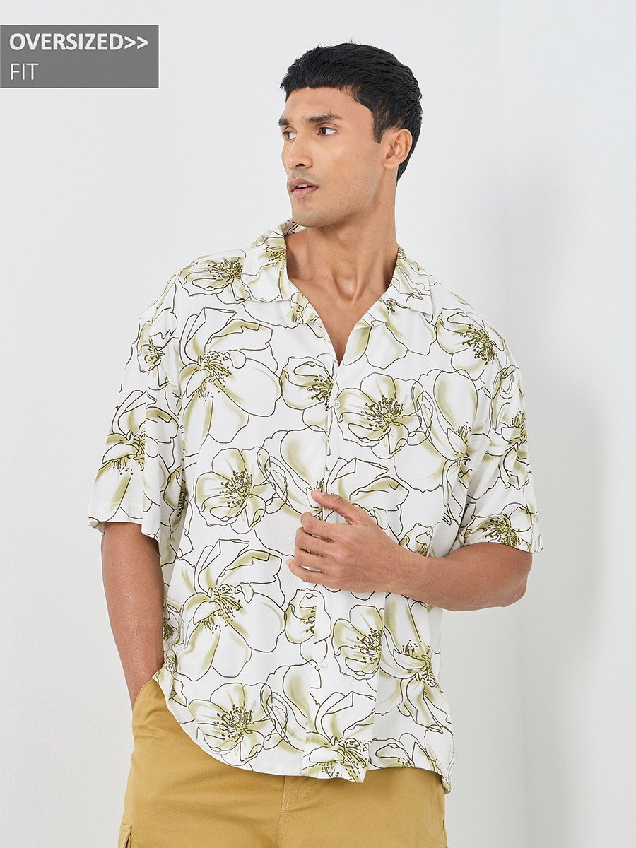 All Over Print Resort Collar Oversized Shirt with Half Sleeve