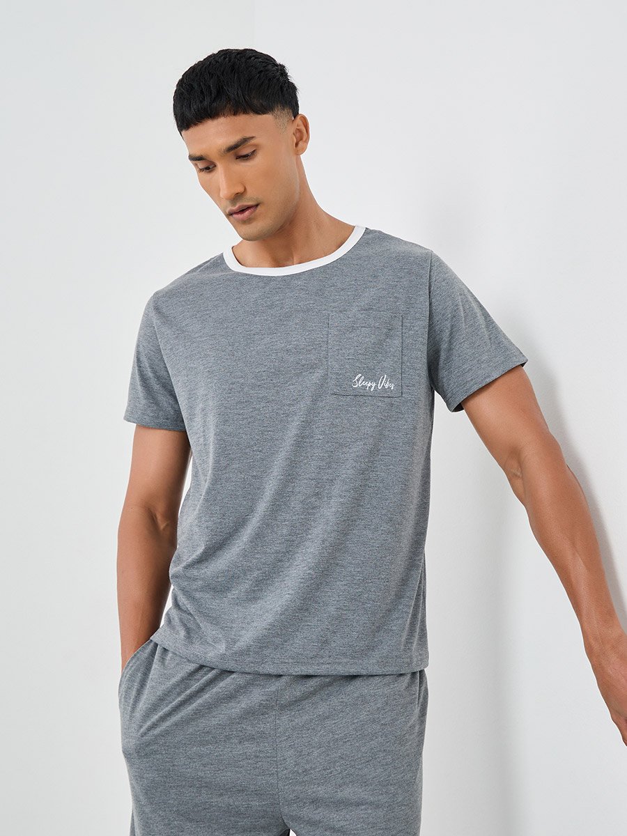 Contrast Neck T-Shirt with Slogan Print Pocket and Shorts Set