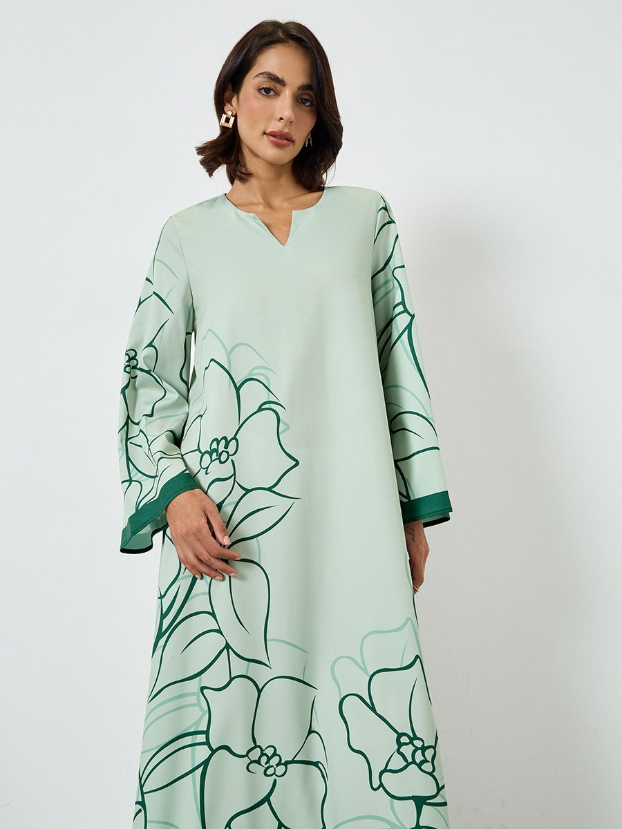 Green Floral Print A-Line Jalabiya