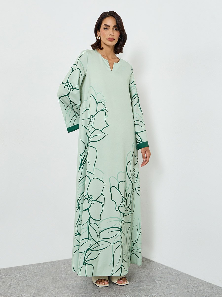 Green Floral Print A-Line Jalabiya