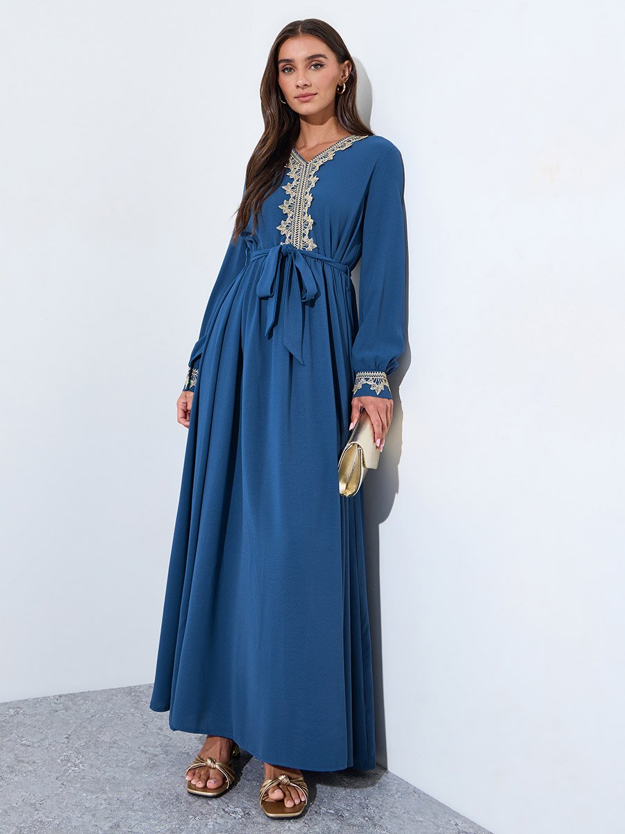 Women Blue Embroidered V Neck Jalabiya with Fabric Belt