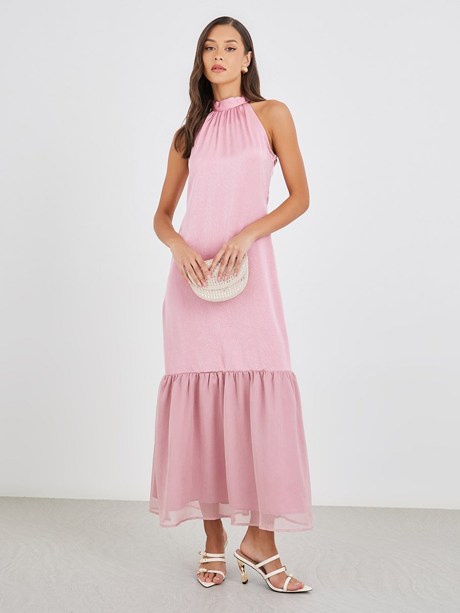 Plain Halter Neck A-Line Maxi Dress