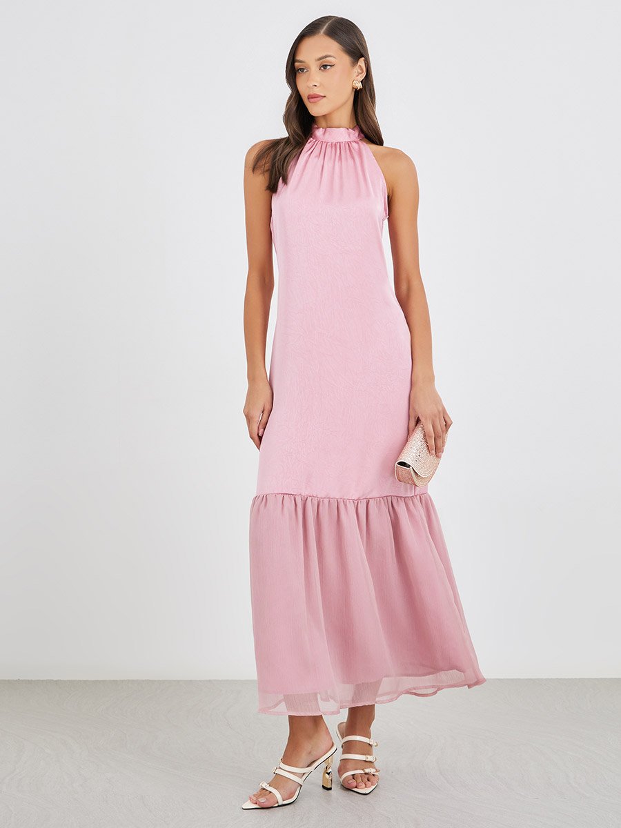 Plain Halter Neck A-Line Maxi Dress