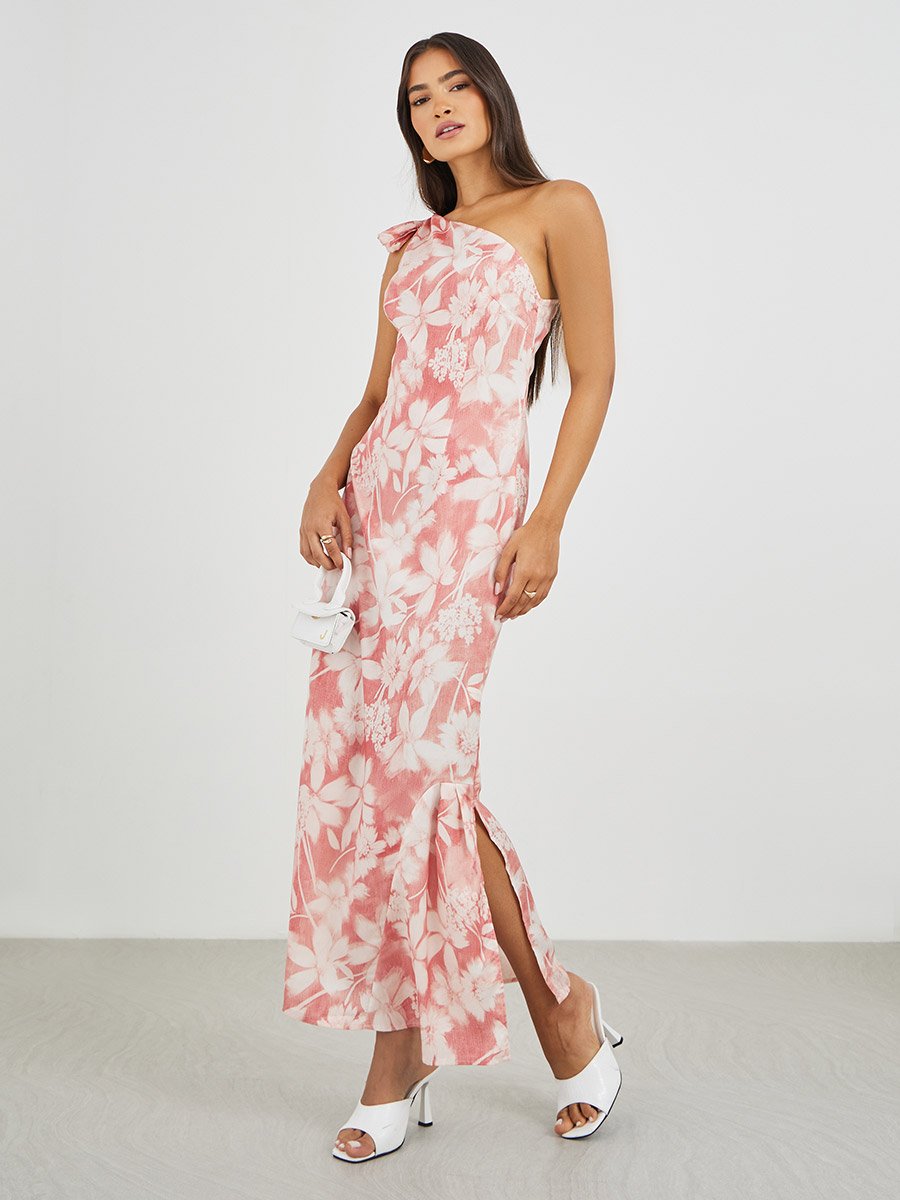 Floral Print One Shoulder Sheath Maxi Dress