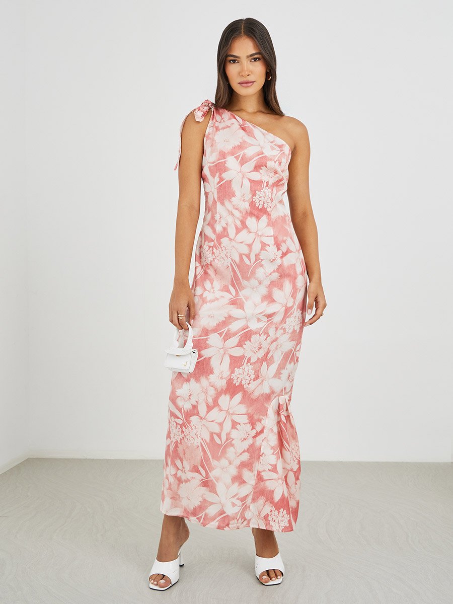 Floral Print One Shoulder Sheath Maxi Dress