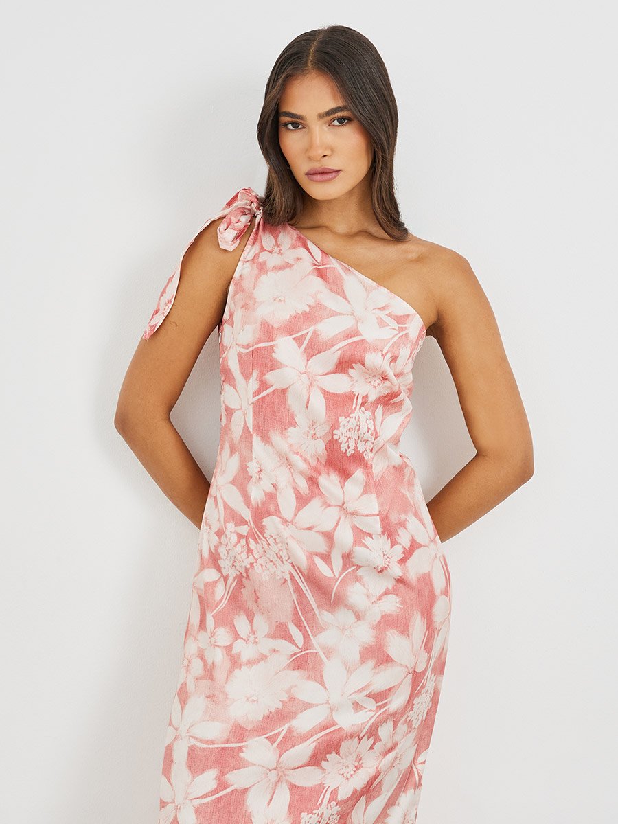 Floral Print One Shoulder Sheath Maxi Dress