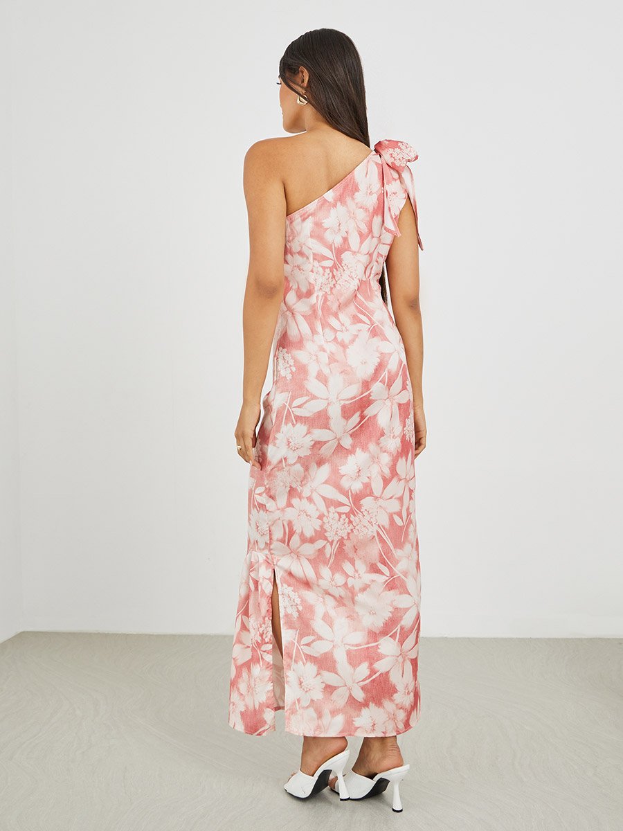 Floral Print One Shoulder Sheath Maxi Dress