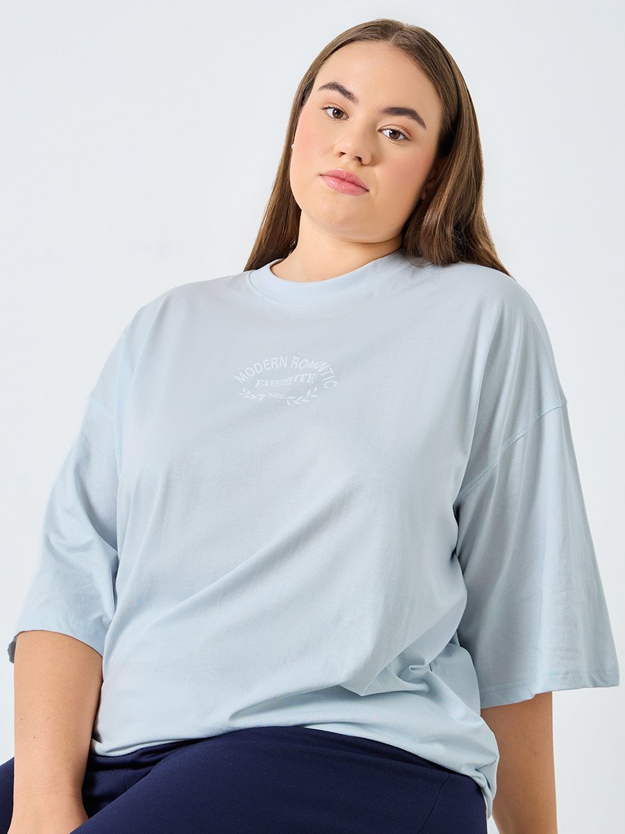 Plus Size Blue Slogan Print T-Shirt