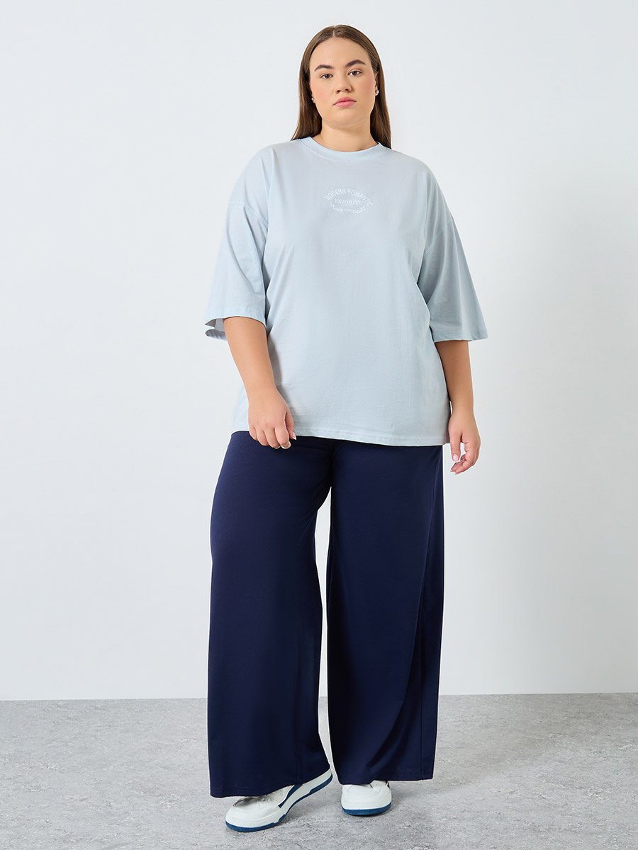 Plus Size Blue Slogan Print T-Shirt