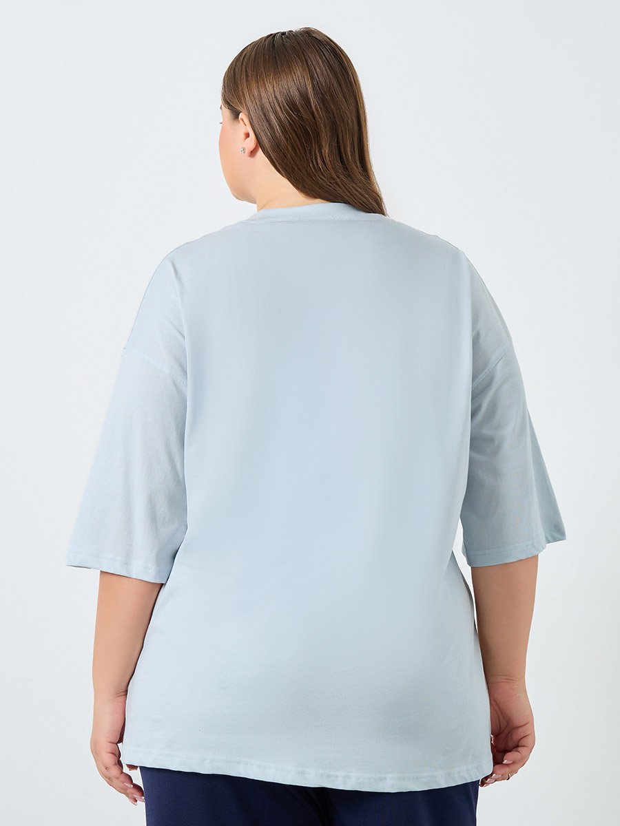 Plus Size Blue Slogan Print T-Shirt