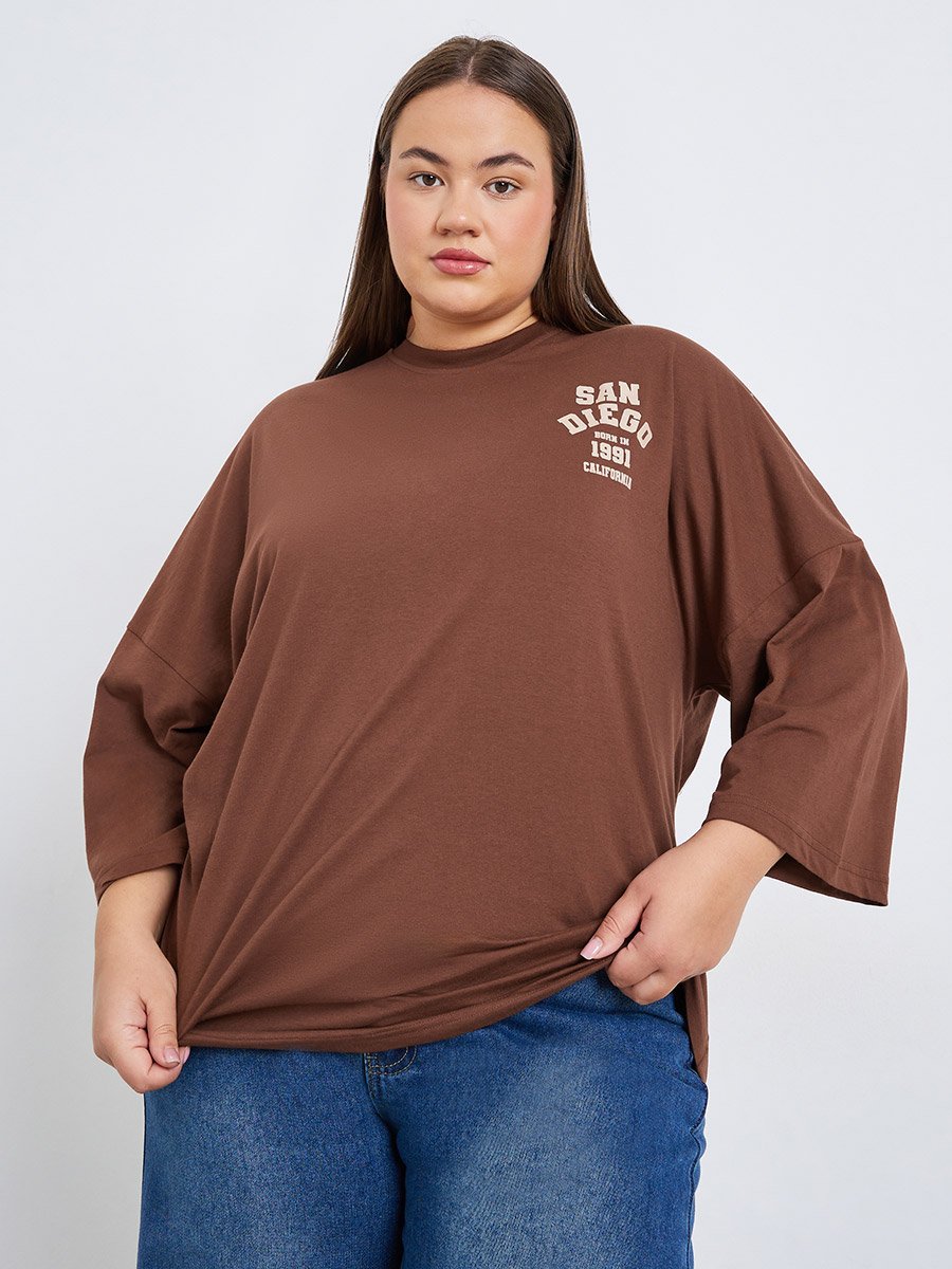Plus Size Brown Oversized Graphic T-Shirt