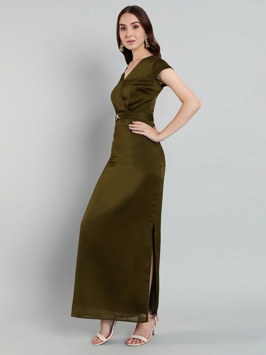 Women Olive Buckle Detail Maxi Dress