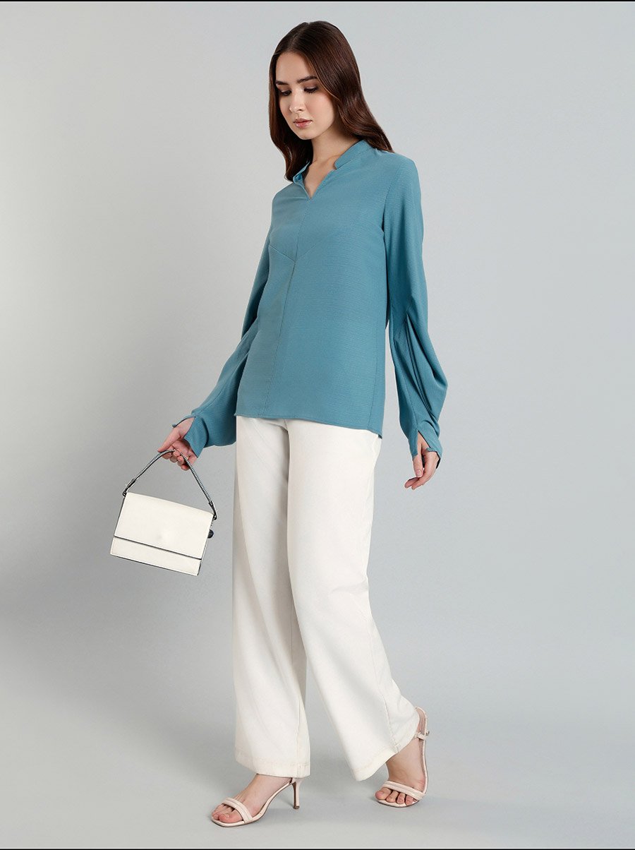 Solid Balloon Sleeve Mandarin Collar Blouse