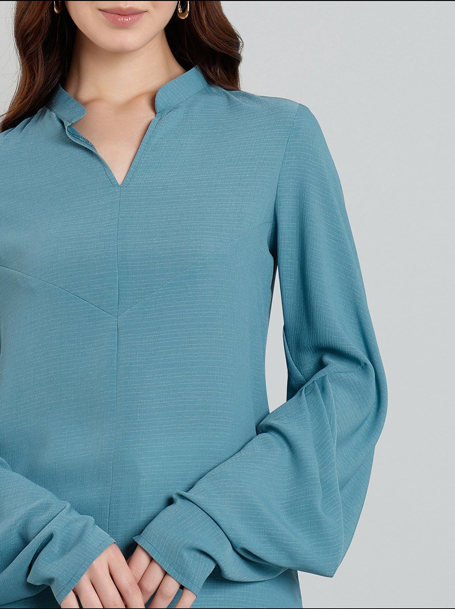 Solid Balloon Sleeve Mandarin Collar Blouse